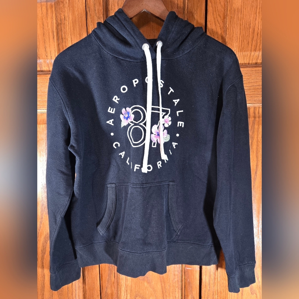 Aeropostale California 87 Black with Floral Accents Hoodie sz L